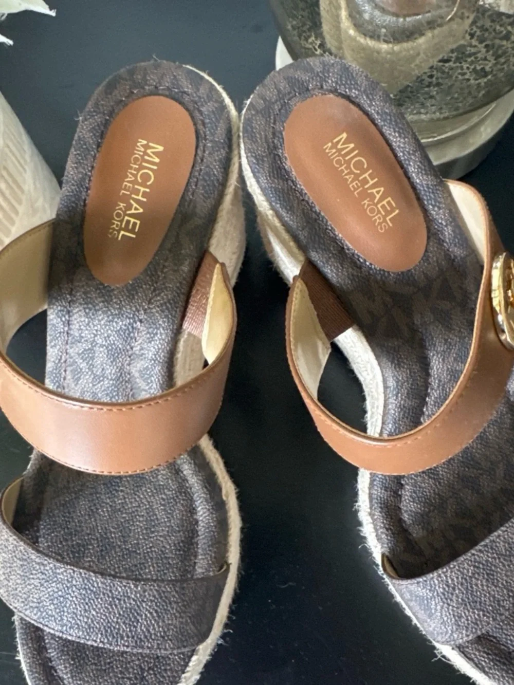 Michael Kors Brown Logo Wedge Sandals with Gold MK Accent
